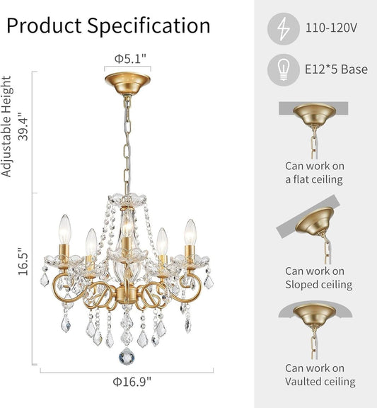 Gold Mini Crystal Chandelier With Five Bulbs Living Room-1