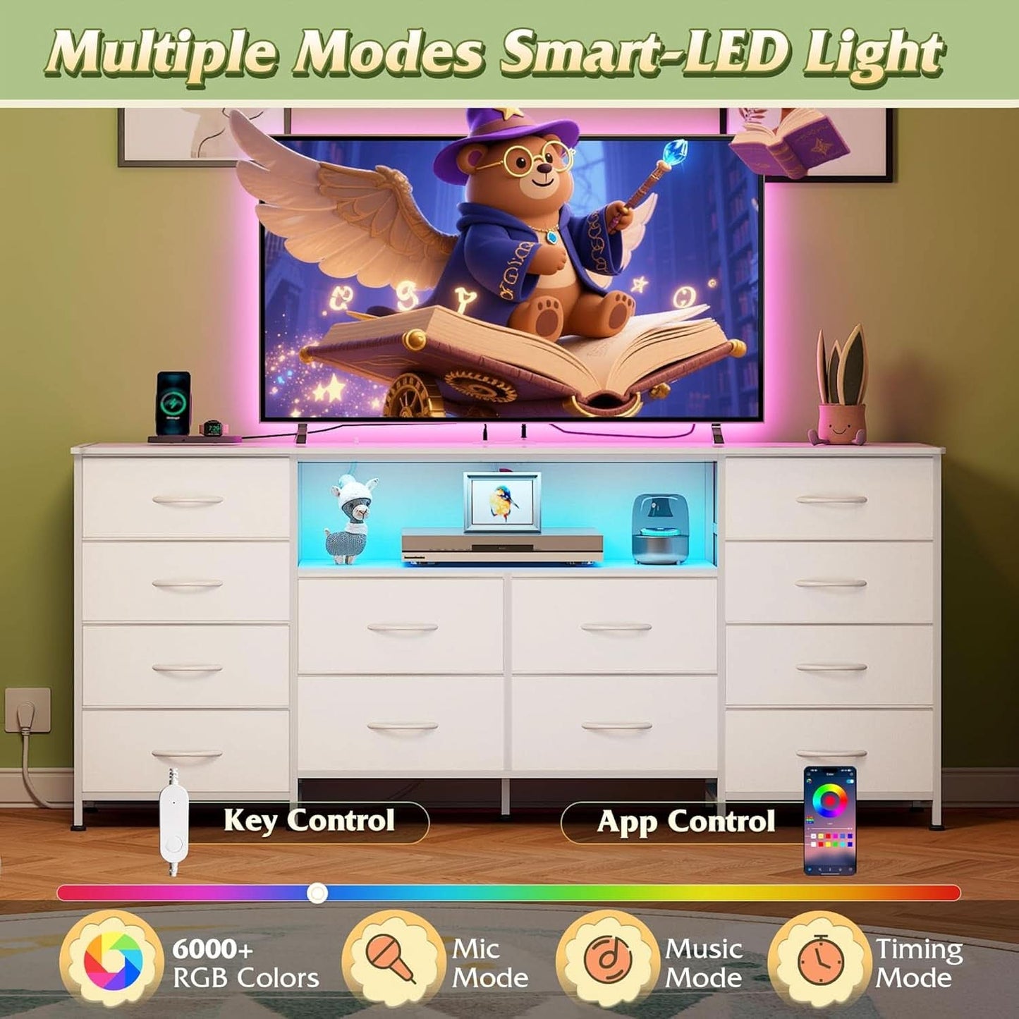 White TV Stand Dresser With Integrated LEDs 65 To 75 Inch TV