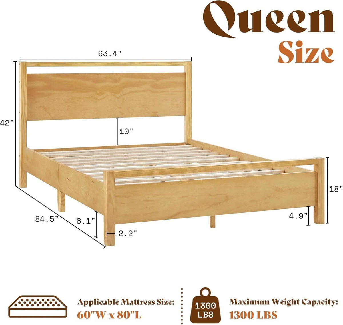 Queen Solid Pine Wood Platform Bed Frame Natural Finish
