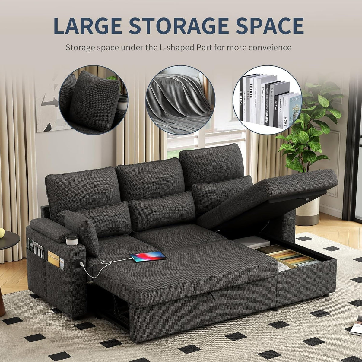 Black L Shaped Sleeper Sofa With Integrated Storage
