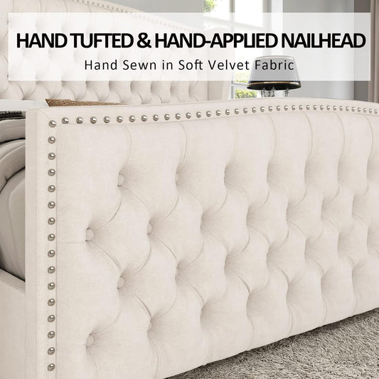 Queen Cream Velvet Upholstered Platform Bed Headboard