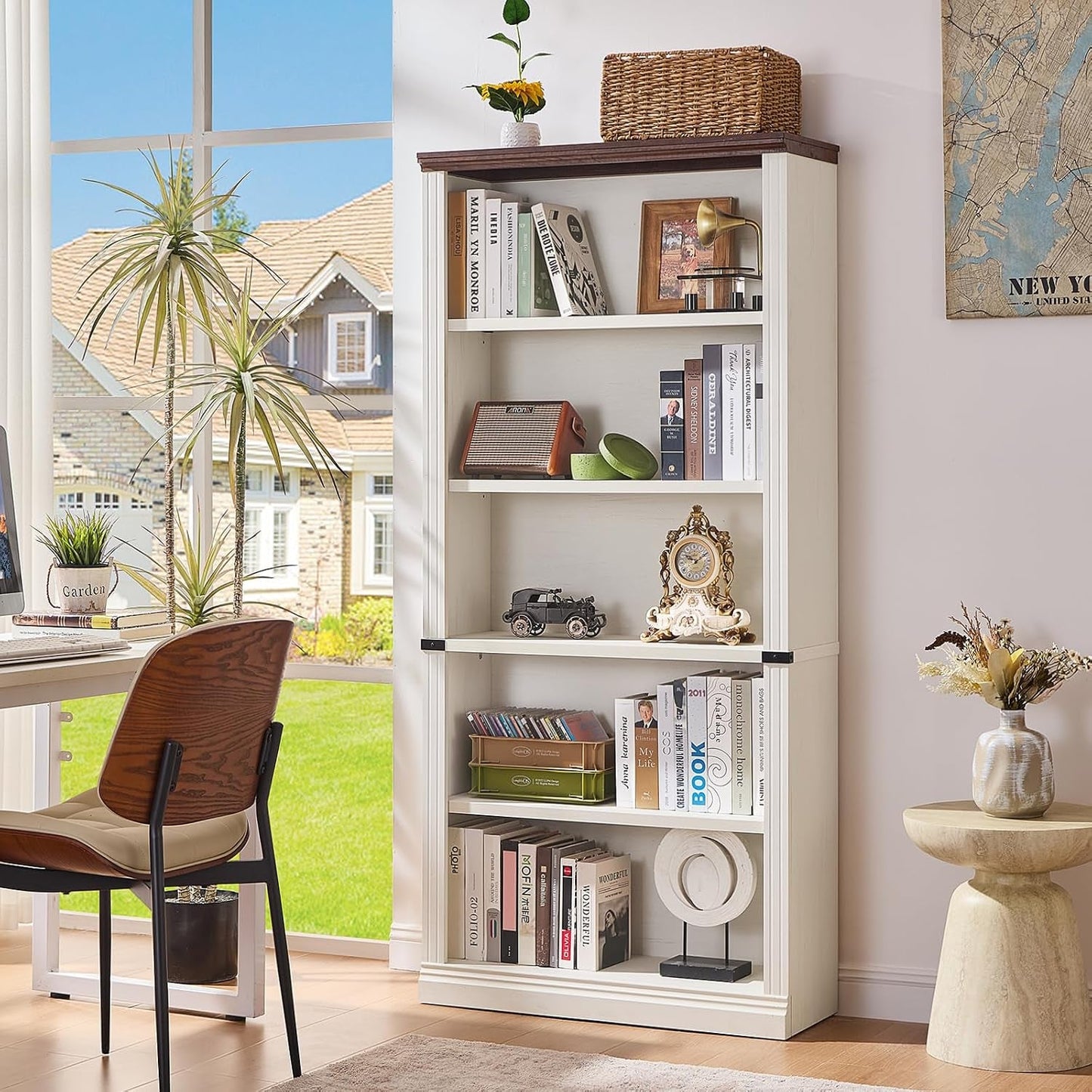 White Five Tier Bookcase Featuring Adjustable Shelves