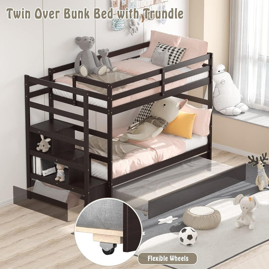 Espresso Solid wood Twin Bunk Bed With Trundle Storage