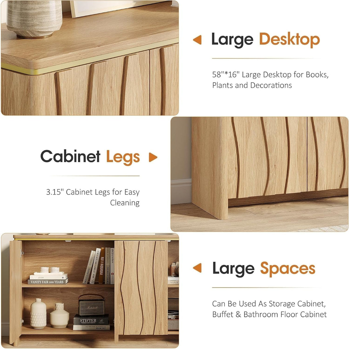 Natural Fluted Buffet Cabinet With Adjustable Shelves