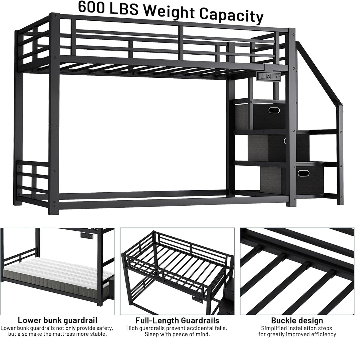 Black Twin Over Twin Metal Bunk Bed Storage Drawers