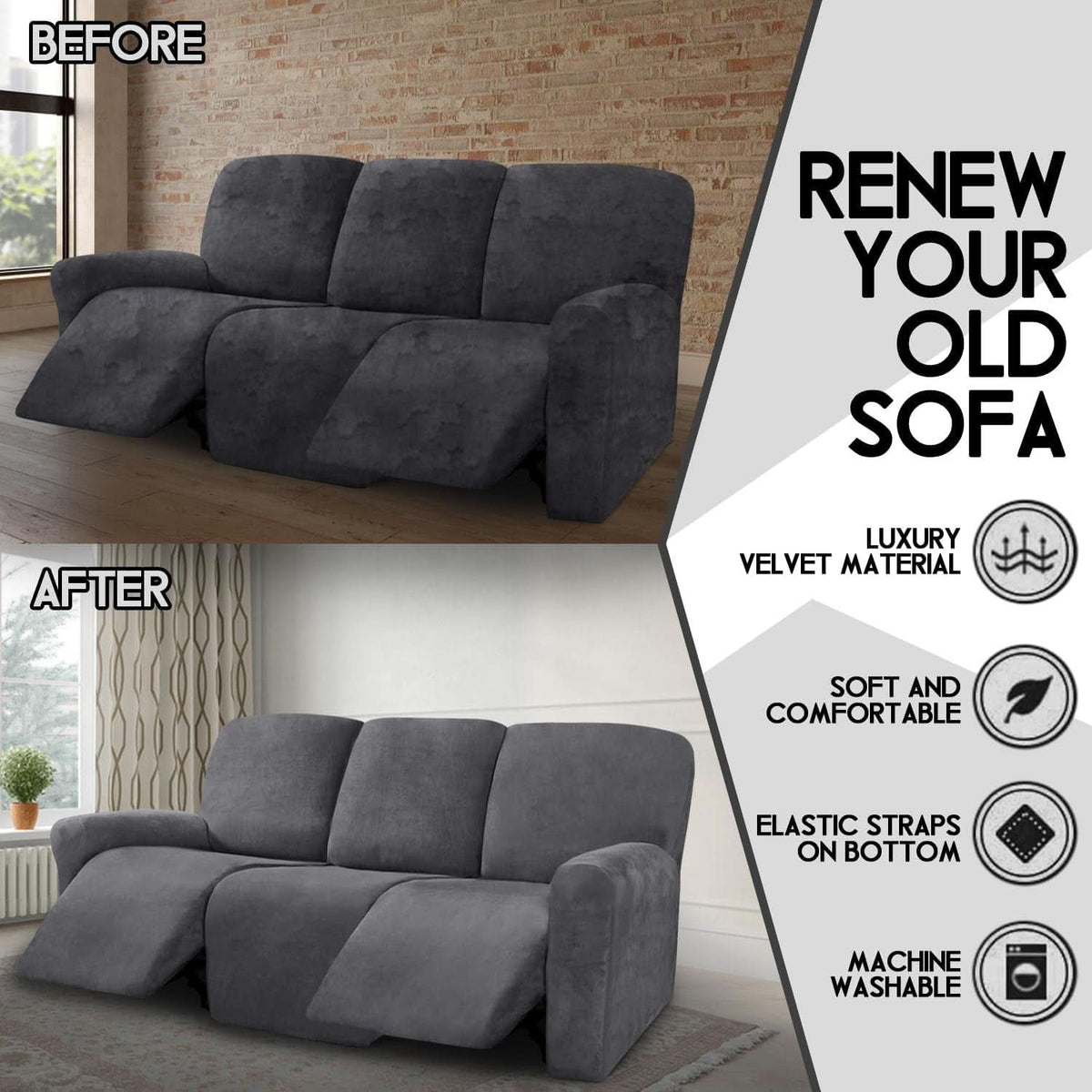 Luxurious Velvet Recliner Sofa Covers Three Seater