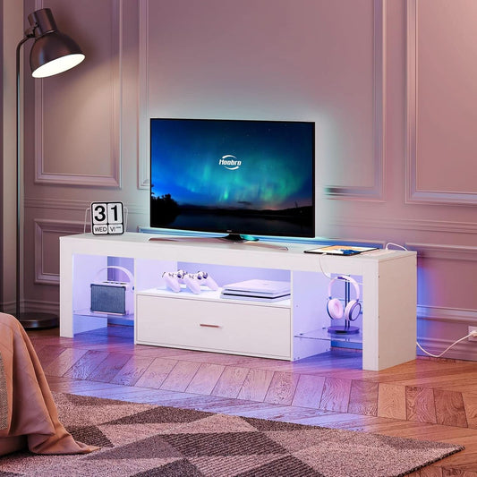 LED TV Stand Sixty Five Inch Premium White Outlets With Storage