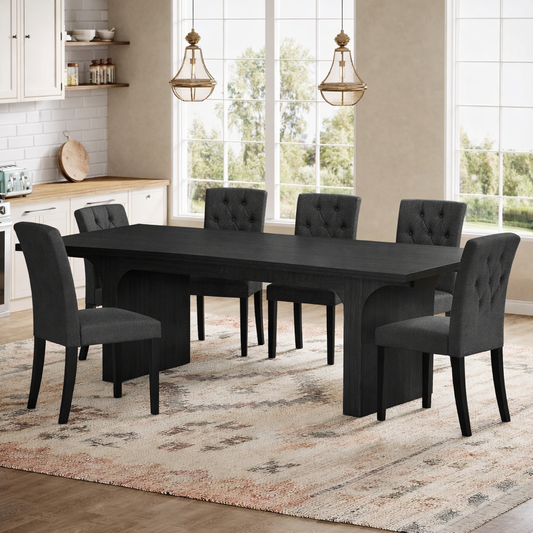 71 Inch Black Farmhouse Dining Table Set with 6 Tufted Upholstered Chairs