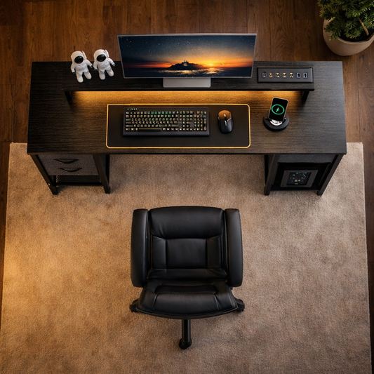 47 Inch Black Computer Desk with 4 Drawers, LED Lights, Power Hub and Task Chair Set