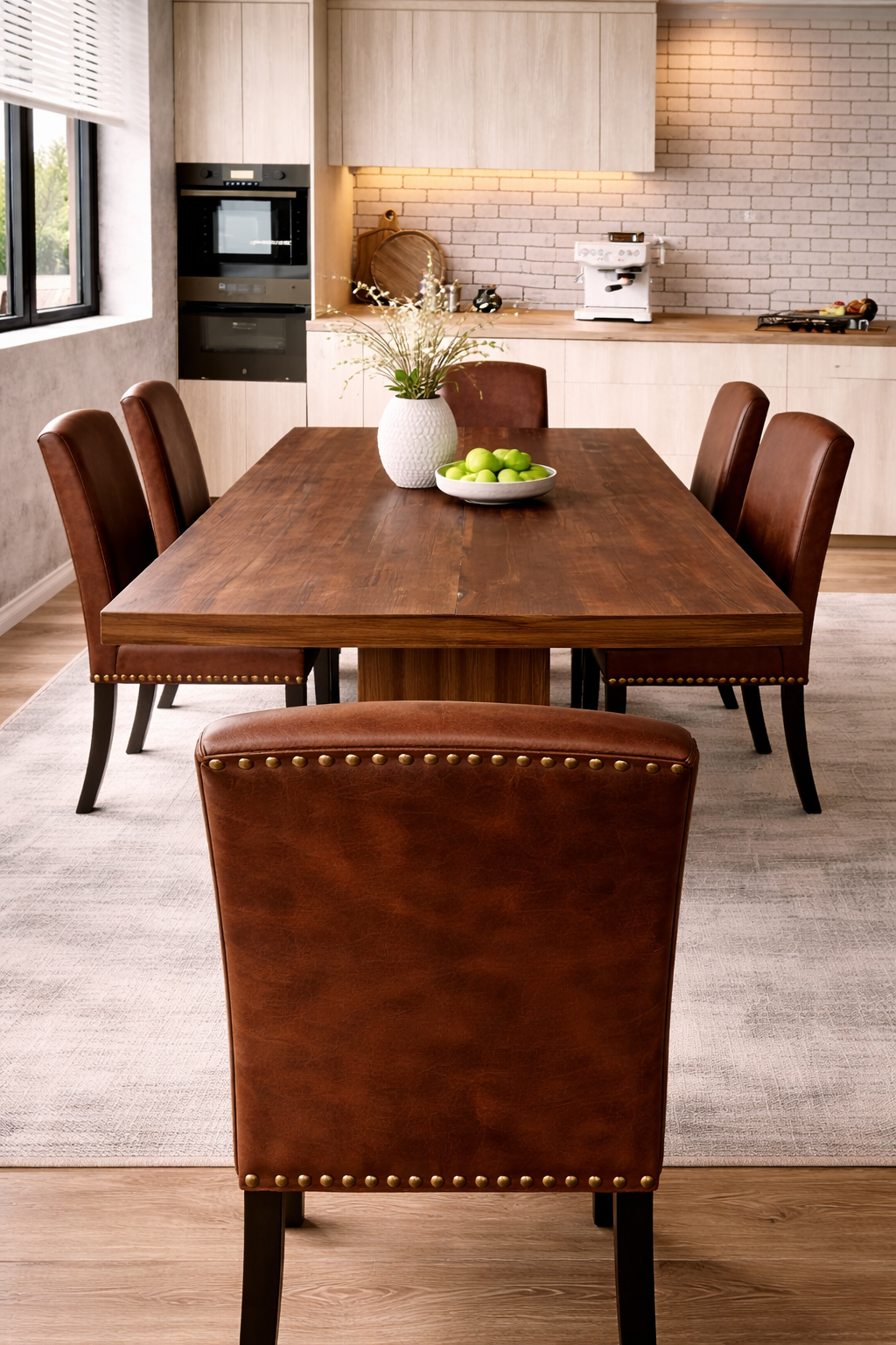 78 Inch Walnut Fluted Dining Table with 6 PU Leather Nailhead Dining Chairs Set