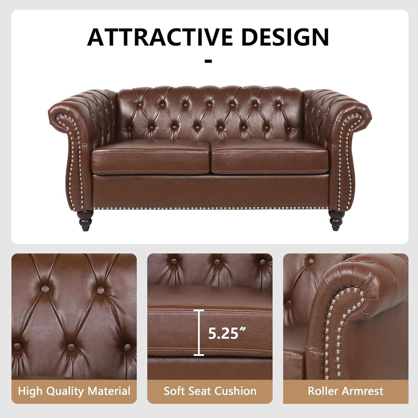 3 Piece Living Room Set With Sectional Chesterfield Sofa Chair And Leather Upholstered Loveseat
