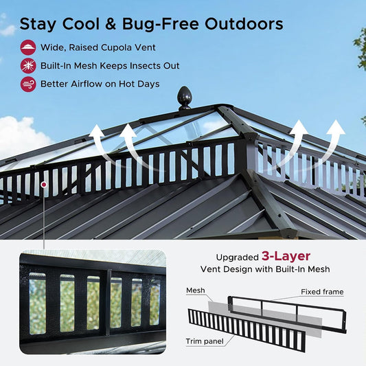 14x12 Hardtop Cedar Wood Gazebo Polycarbonate Roof Curtains Netting