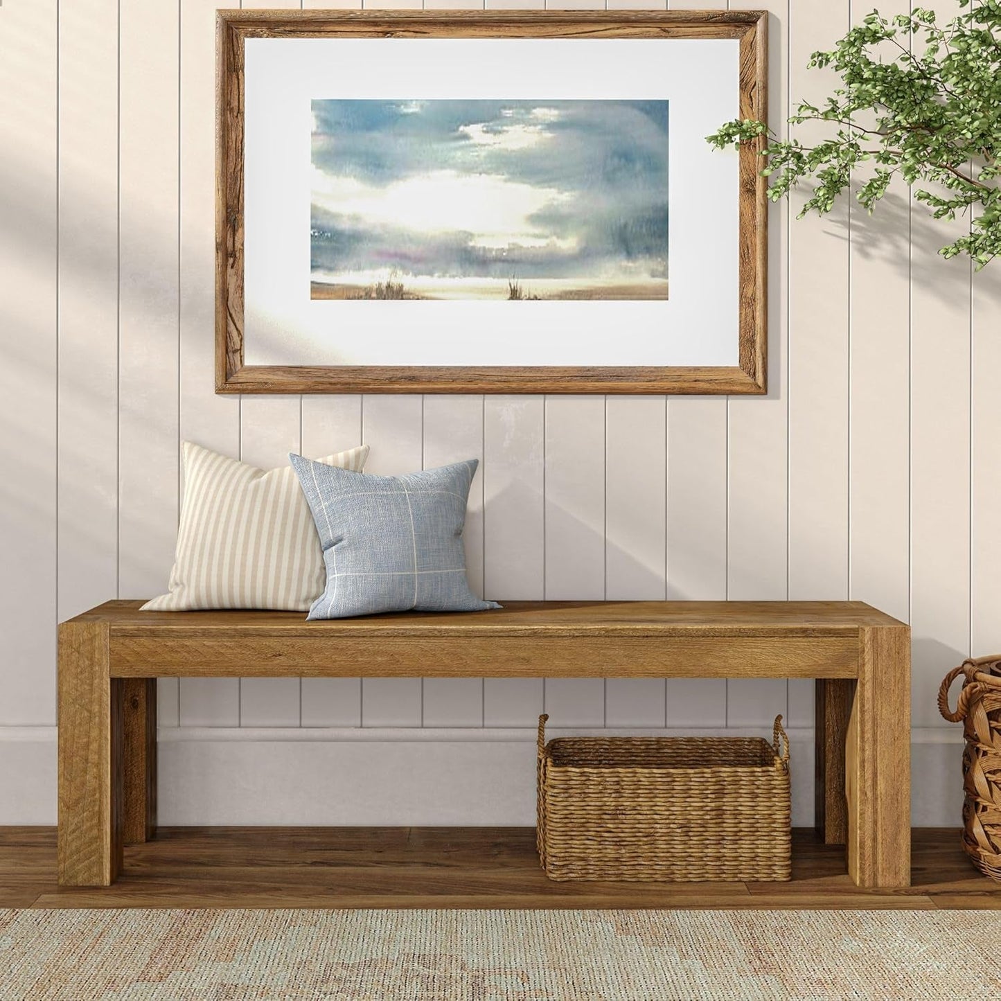 58 Inch Farmhouse Dining Bench Rustic Honey Solid Wood