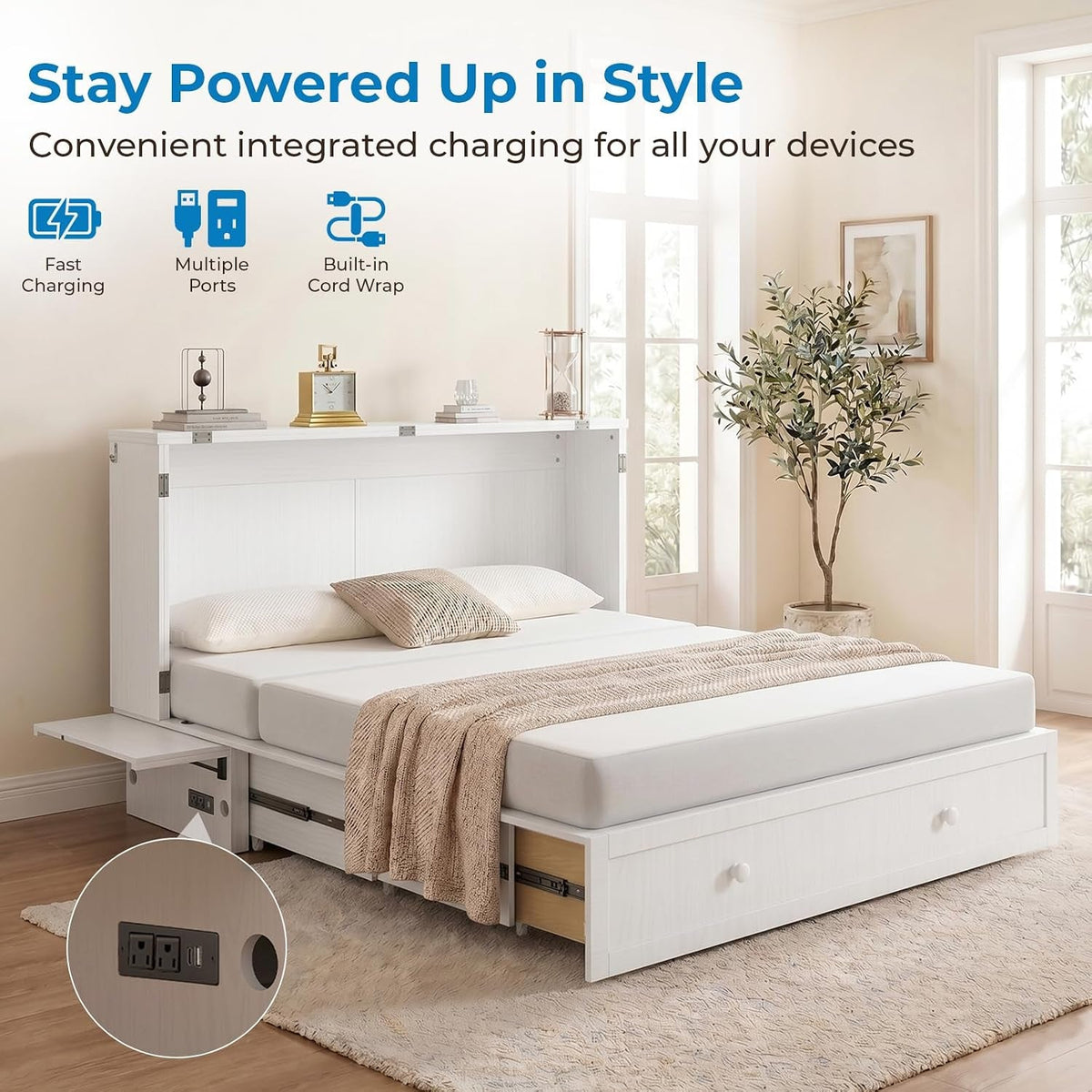 White Queen Murphy Bed Cabinet With USB Charging Module
