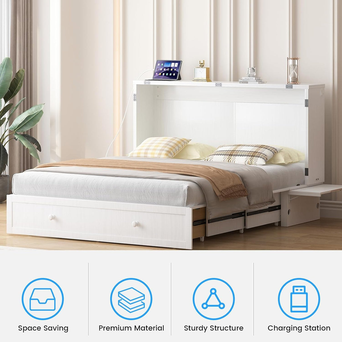 Queen Murphy Bed Featuring Mattress Included White-4