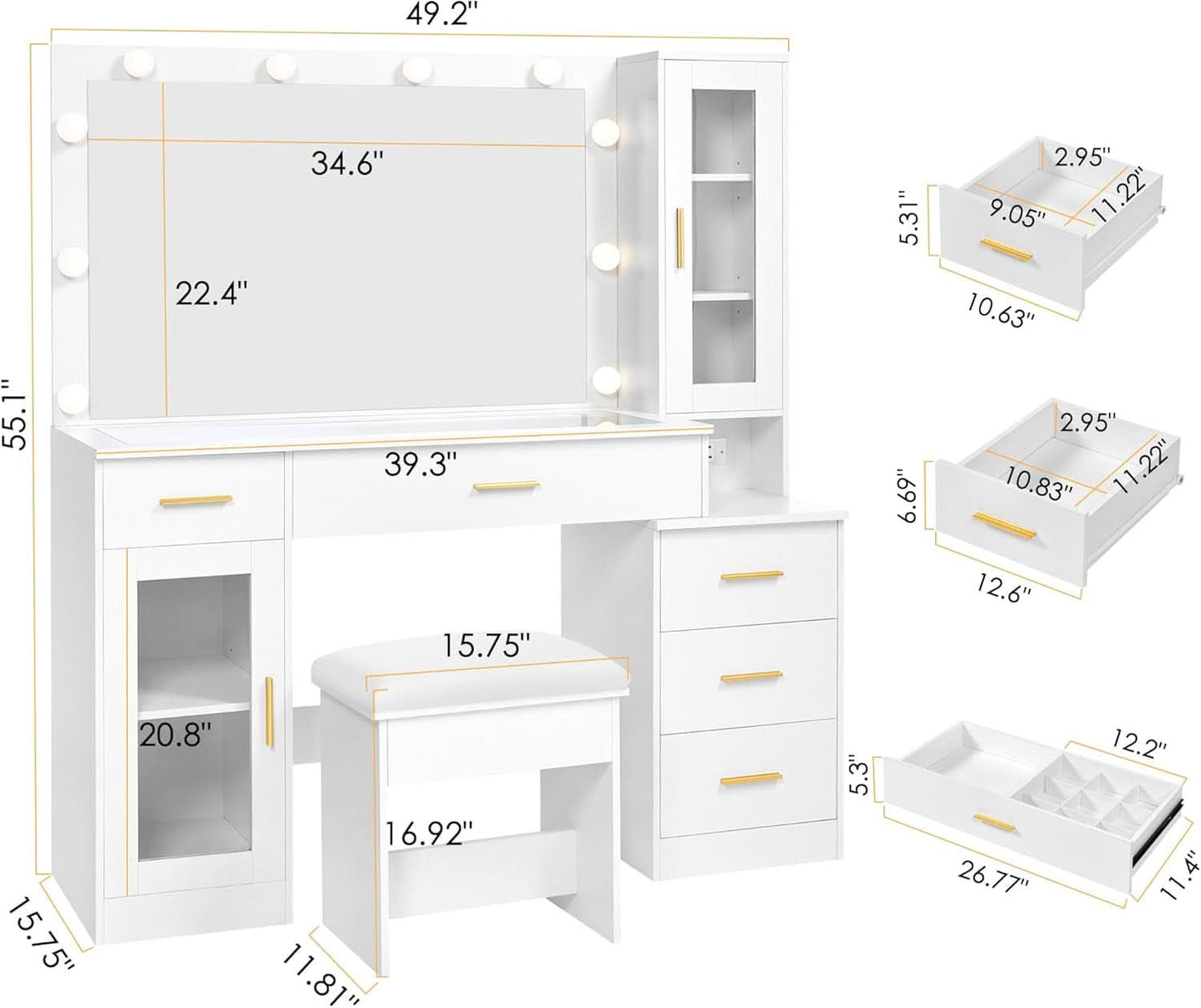 White 49.2 Inches Contemporary Vanity Desk Illuminated