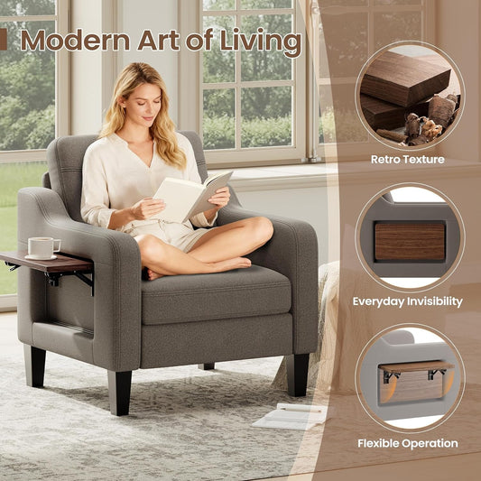 Linen Upholstered Accent Chair With Foldable Table