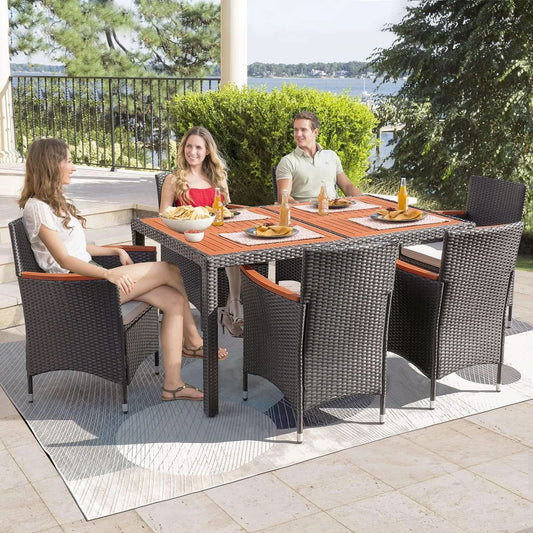 7 Piece Patio Dining Set Acacia Wood Table Wicker Chairs
