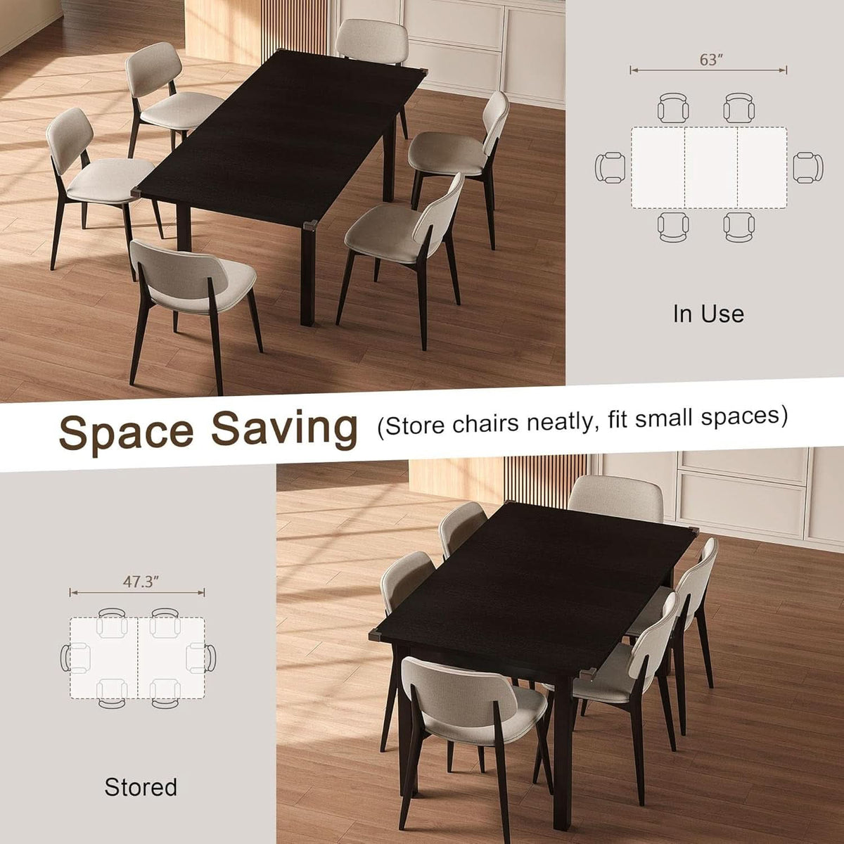 Black Extendable Dining Table 63 Inch For 4 To 6 Guests