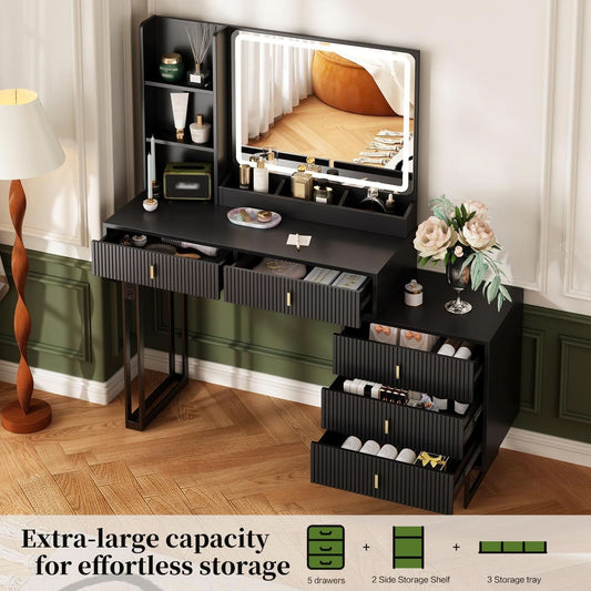 Vanity Desk With Dimmable Illuminated Mirror Black