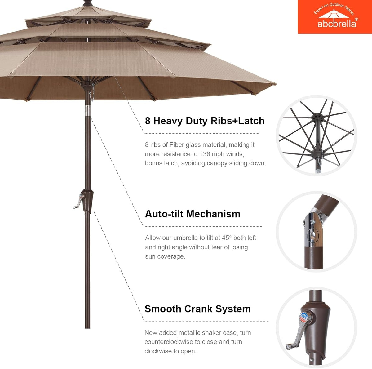 9ft 3 Tier Patio Umbrella Weather Resistant Fabric Khaki
