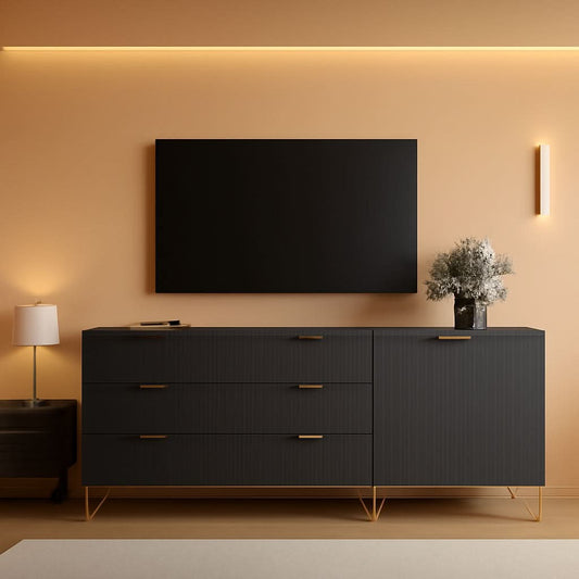 78 Inch TV Entertainment Stand Black With Fluted Shelves