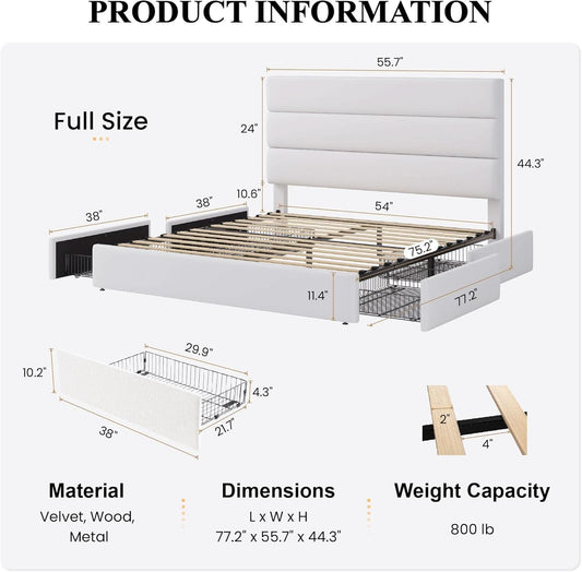 Full Size Platform Bed Underbed Storage Drawers White