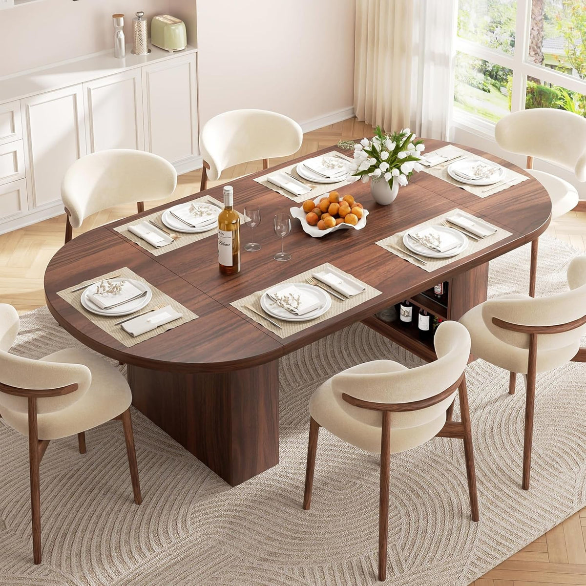 78.7 Inch Oval Walnut Dining Table Storage Shelf System
