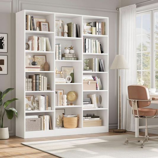 Triple Wide White Bookshelf 6 Tier 74 Inch Tall Unit-1