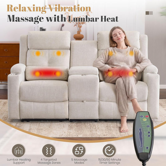 Beige Tray Table Power Reclining Loveseat With Console