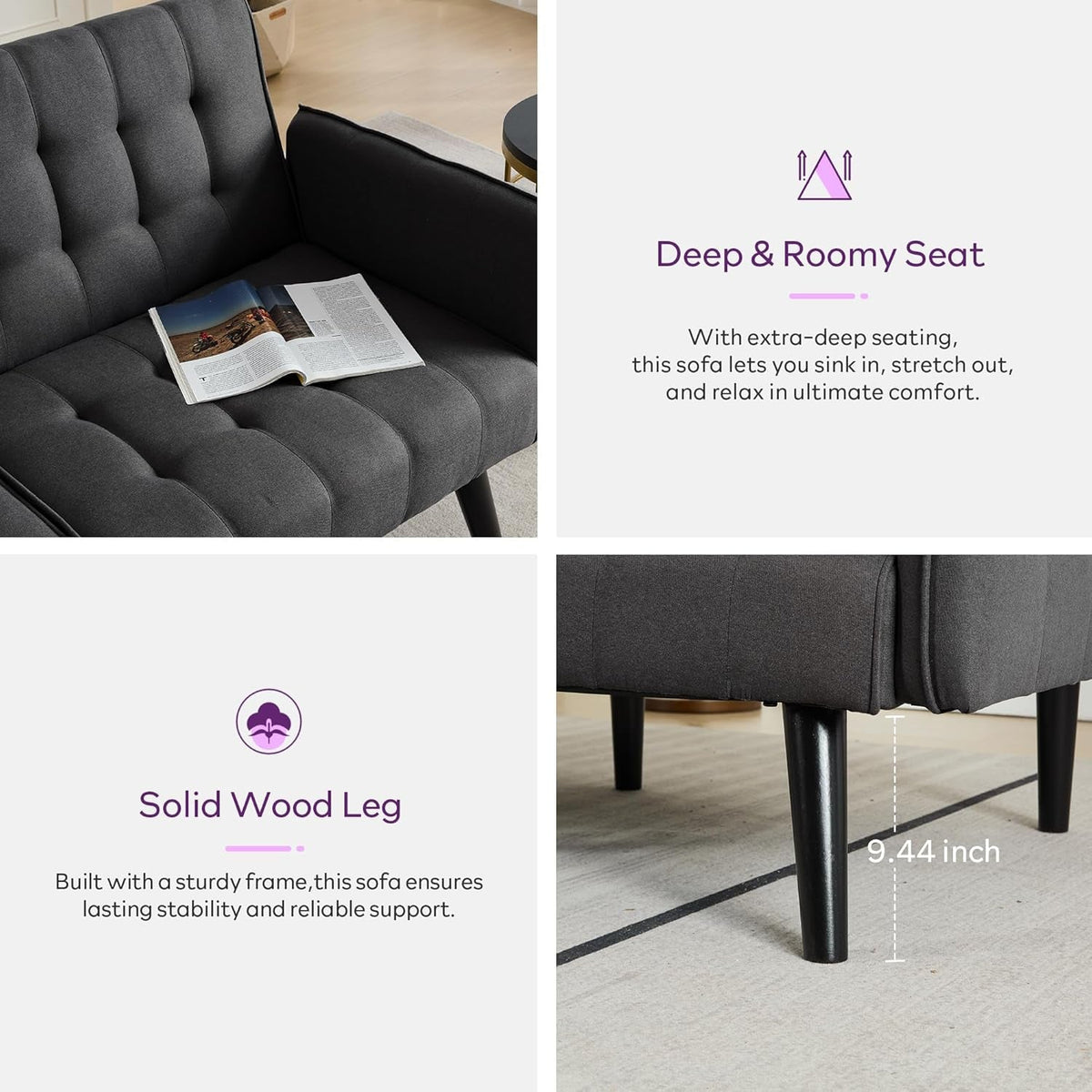 65 Inch Charcoal Grey Upholstered Convertible Sleeper Sofa