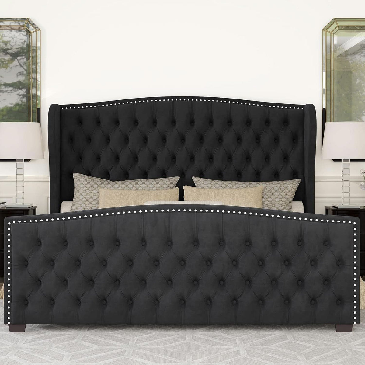 Queen Size Platform Bed Frame With Nailhead Trim Deluxe