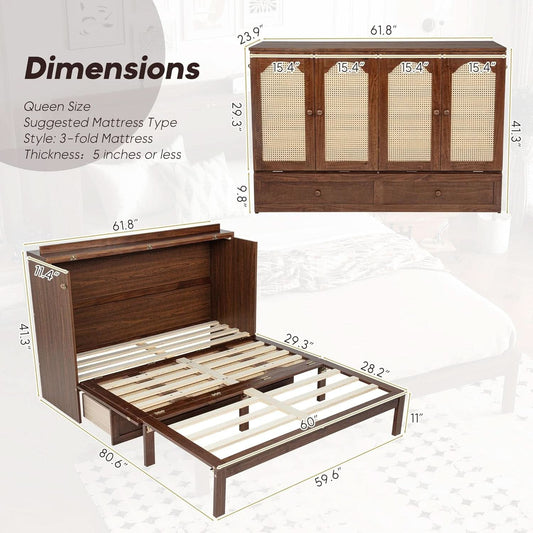 Queen Murphy Bed Cabinet Charging Station WalnutFinish-1
