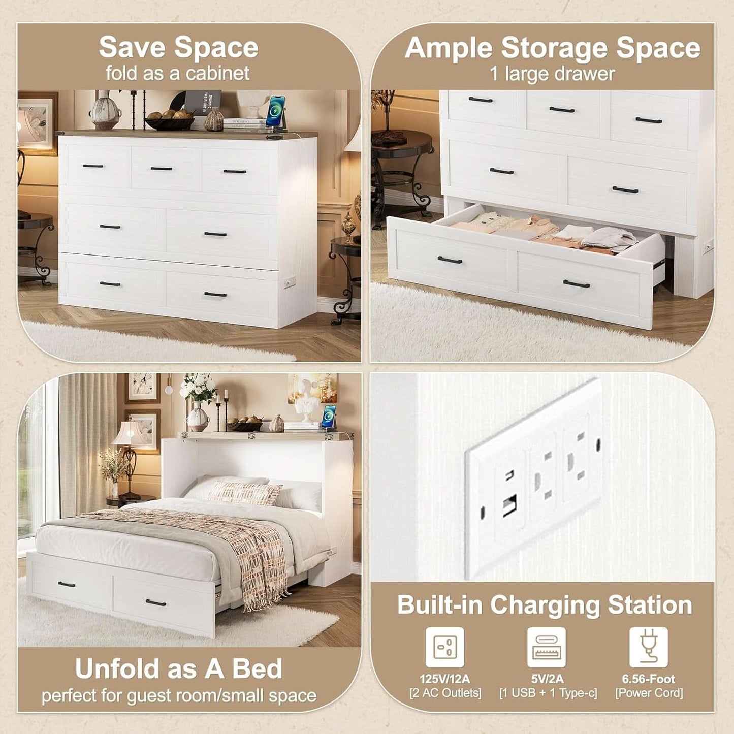 White Queen Murphy Bed Incorporating Charging Station-4