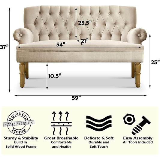 Warm Beige Tufted Loveseat Sofa Set With Rolled Arms And Linen Fabric