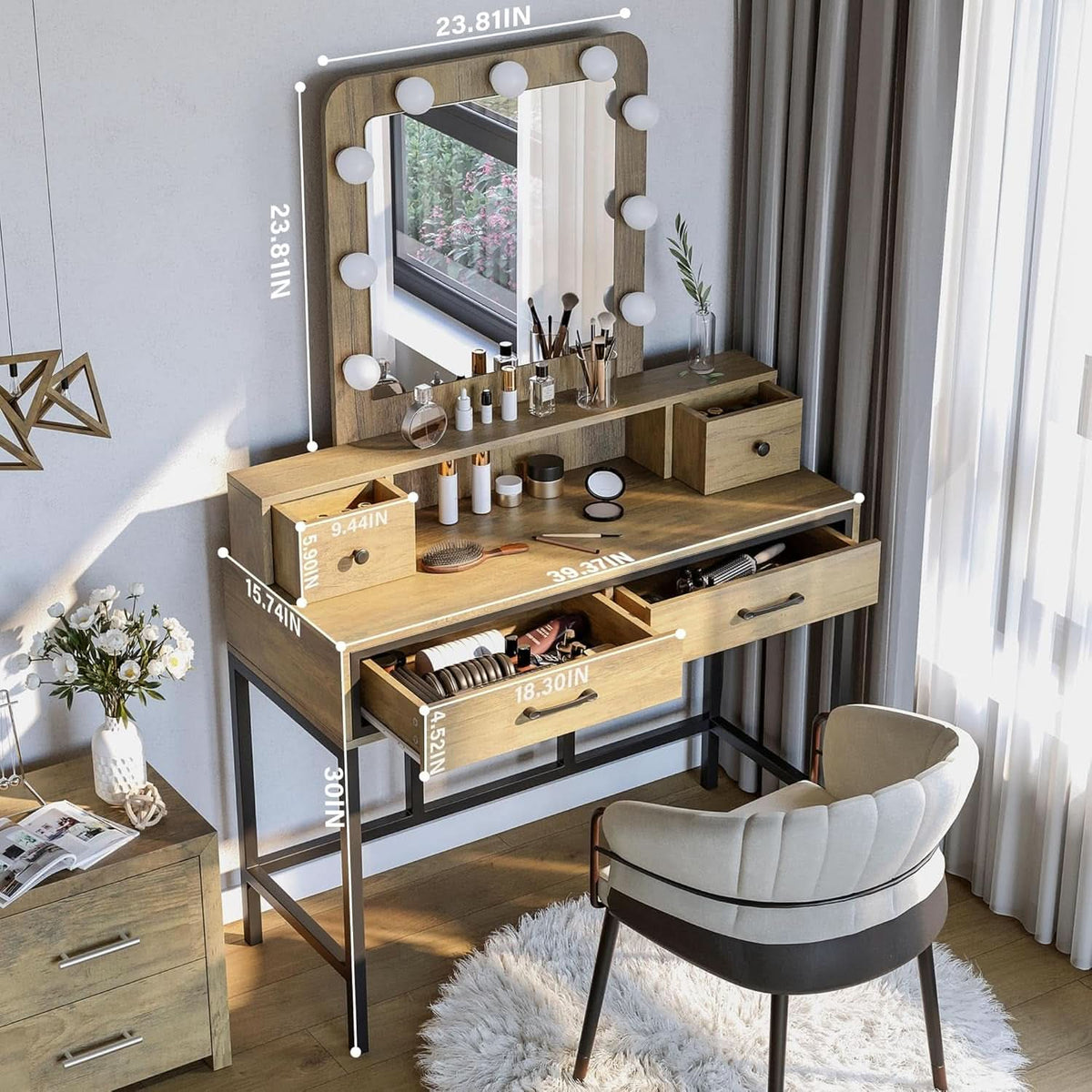Brown Vanity Table With Illumination Mirror Lights