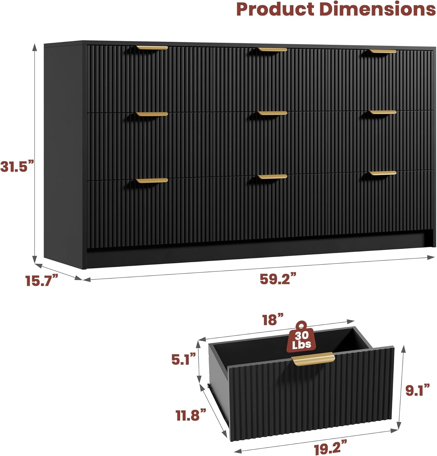 Multifunctional 59 Inches Wide Black Fluted Dresser
