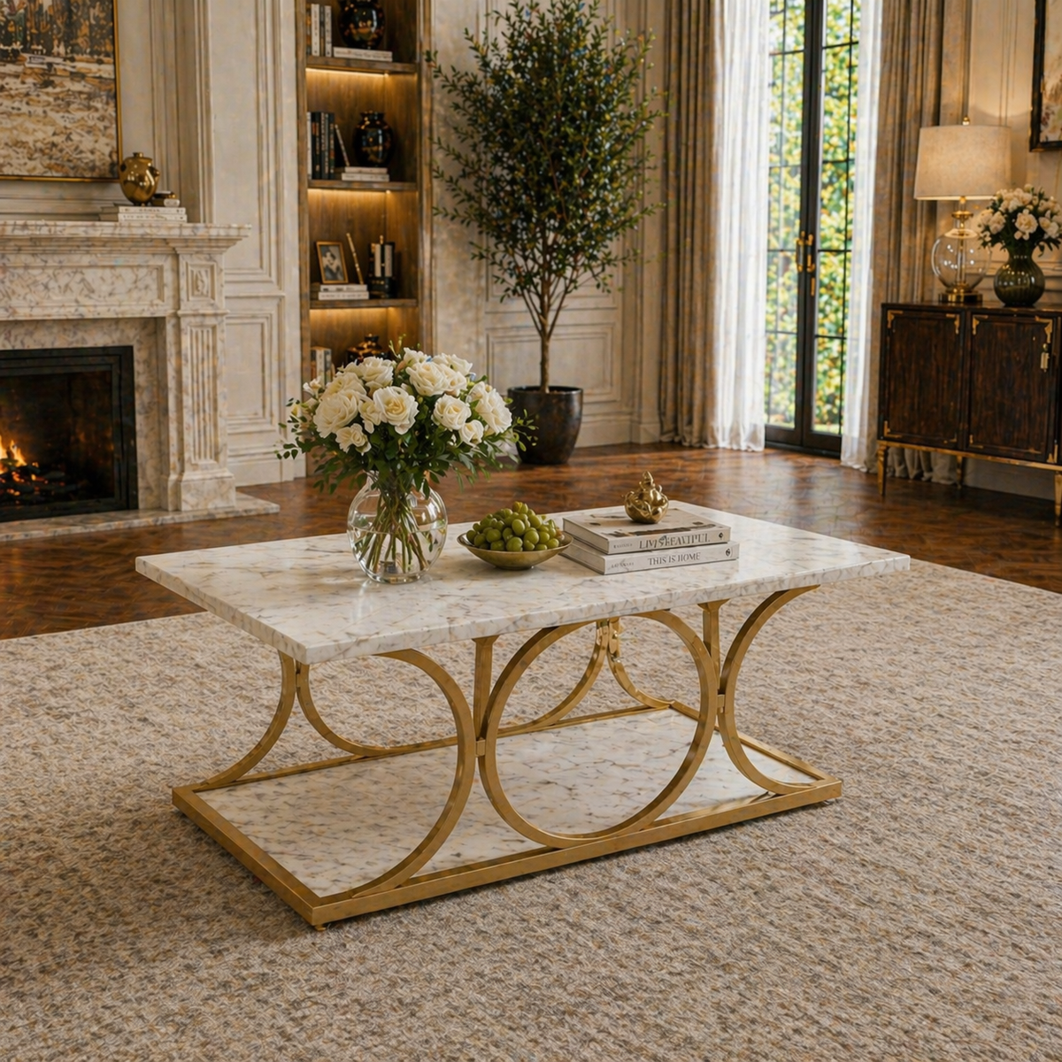 130" L-Shaped Cloud Sectional Sofa with Faux Marble Coffee Table 2-Piece Living Room Bundle White/Gold