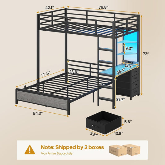 Twin Over Full Bunk Bed With Desk Charging Station Led Lights Grey