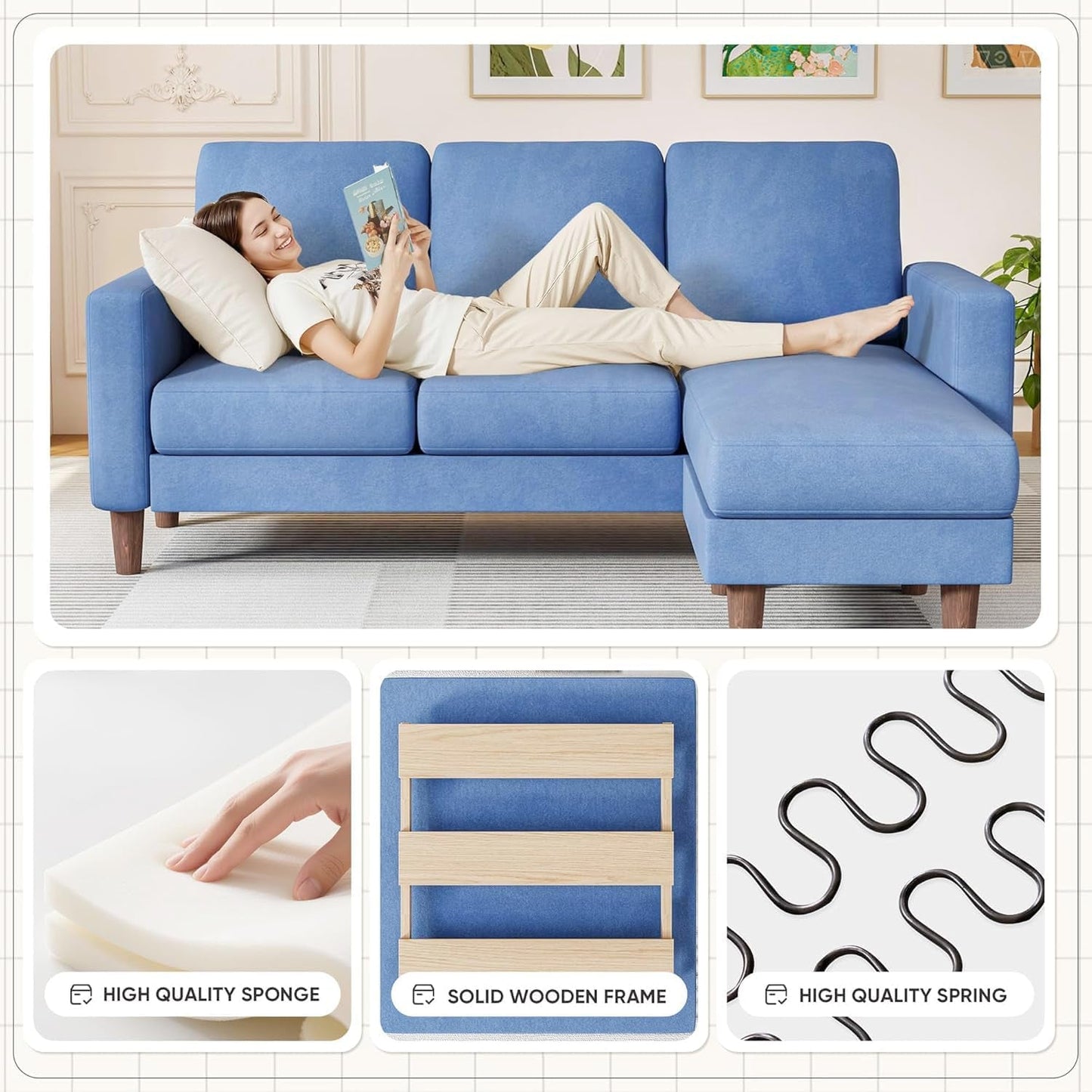 Blue Upholstered L Shaped Movable Sectional Couch Ottoman