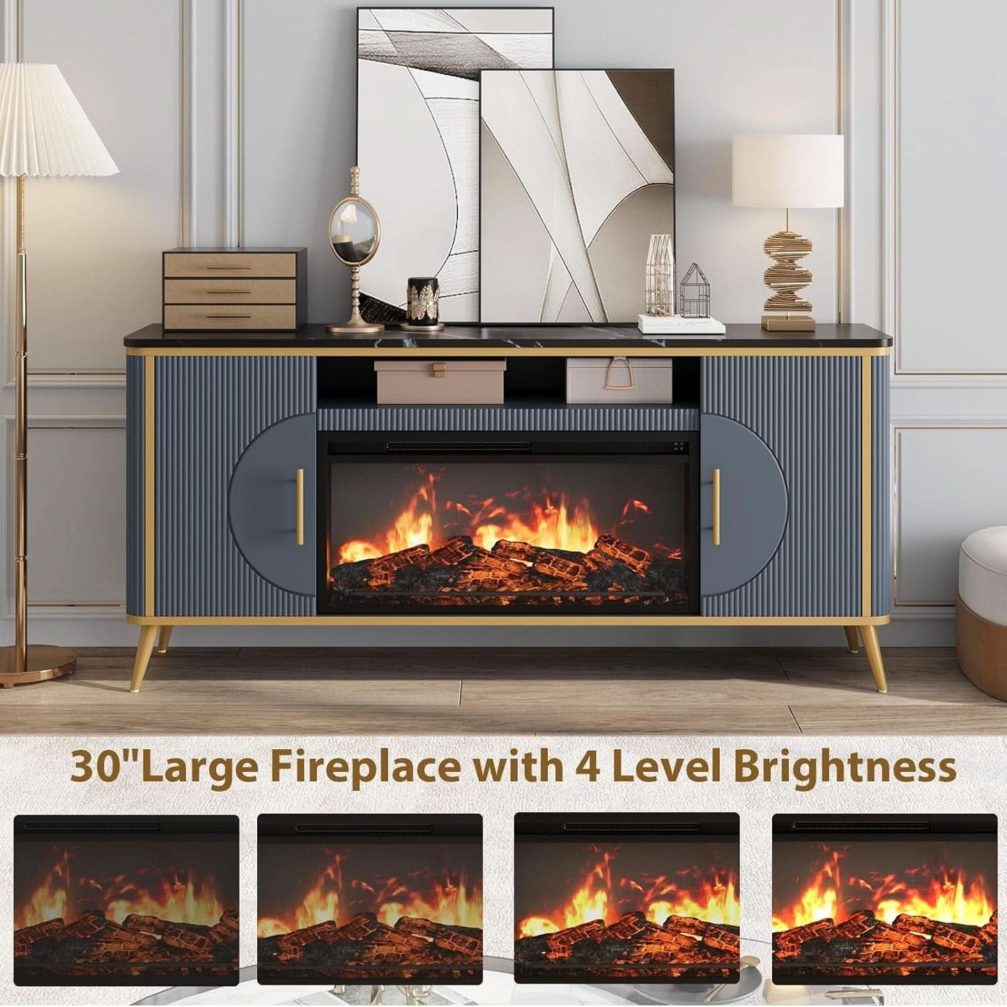 Fluted Fireplace TV Stand Navy Sophisticated Marble