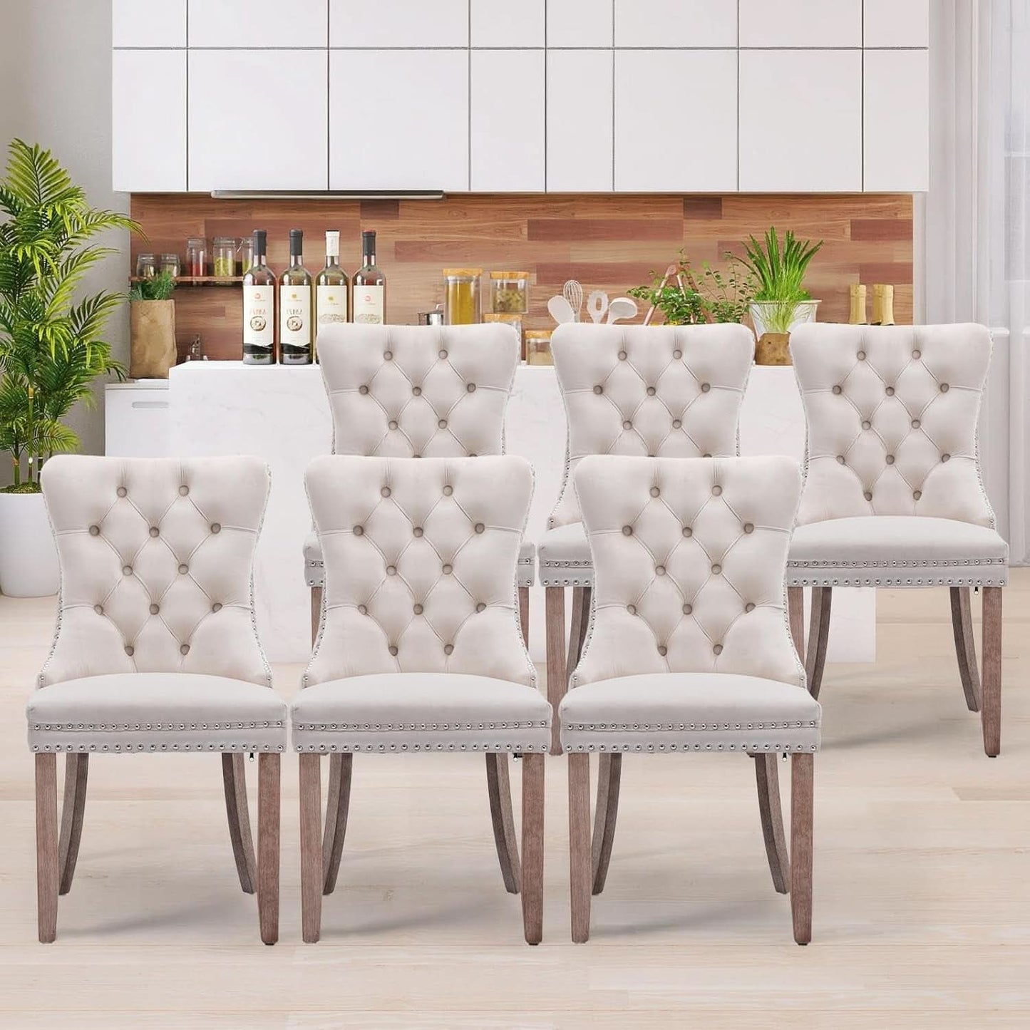 Velvet Dining Chairs Set Of 6 Beige Tufted High Back