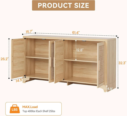 Natural Rattan Four Door Sideboard Cabinet Engineered Wood-1