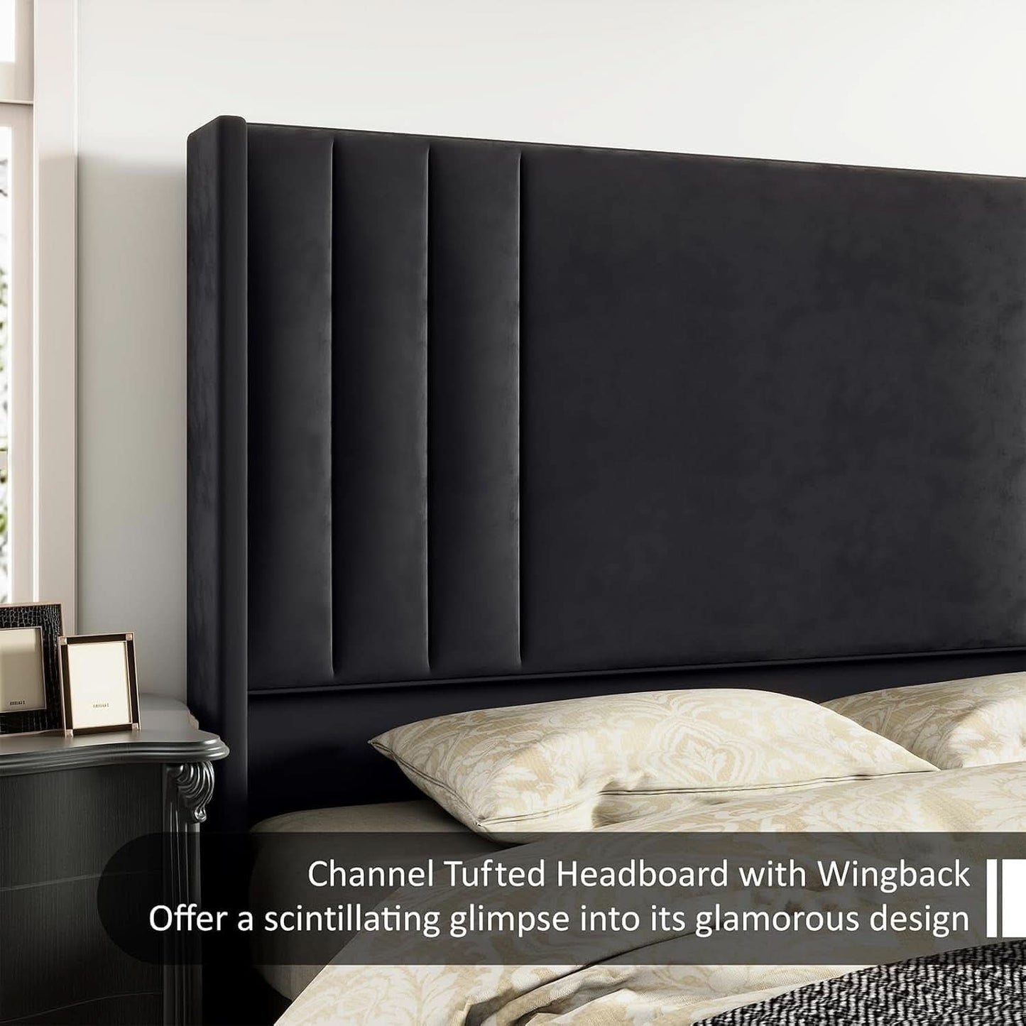 Velvet Queen Platform Bed Frame With Tufted Black Headboard