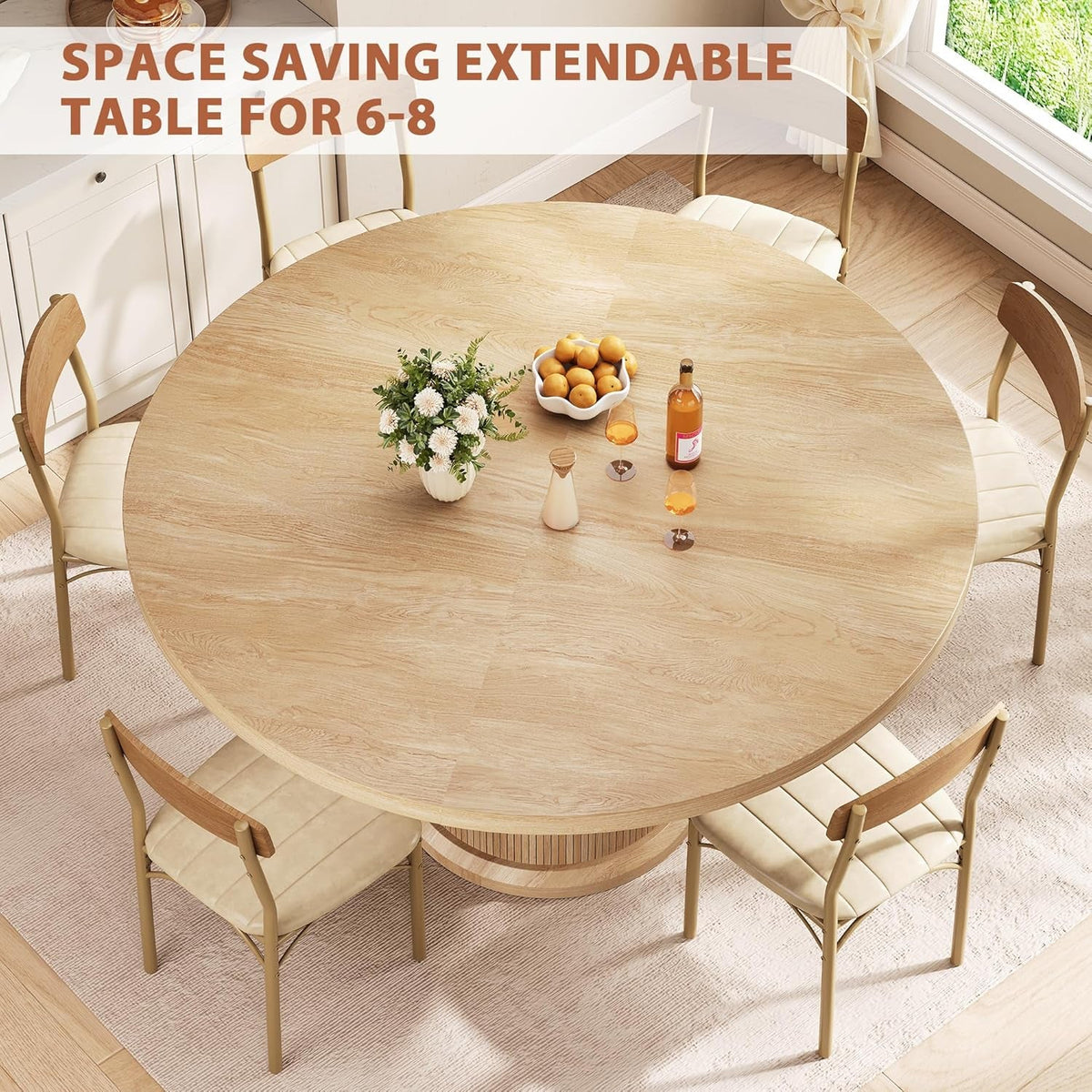 Extendable Round Dining Table 47 Inch Natural Wood Finish