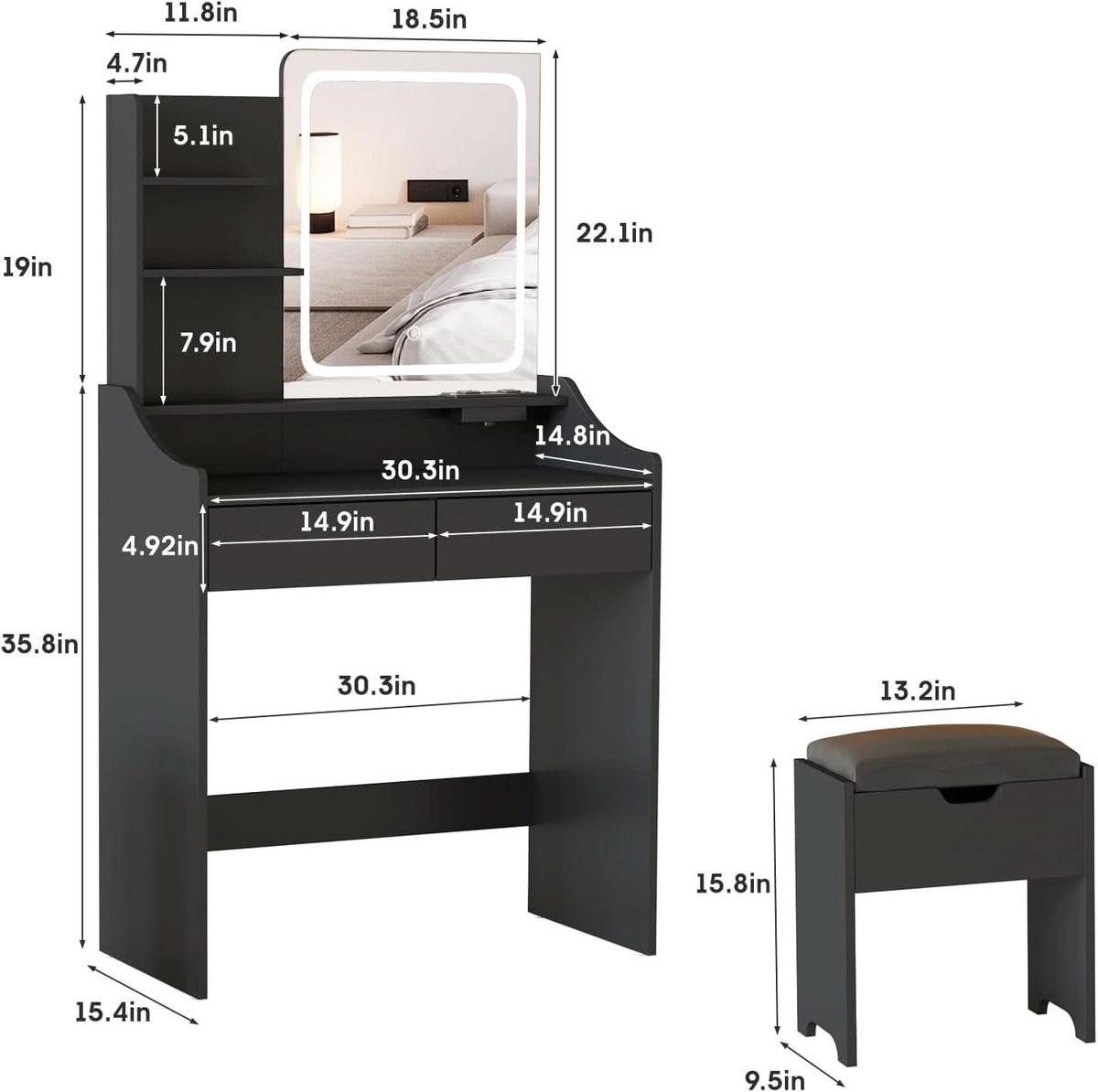 Charcoal Vanity Desk With LED Illuminated Mirror Storage