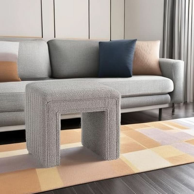 Taupe Boucle Vanity Ottoman Tufted Weathered Walnut