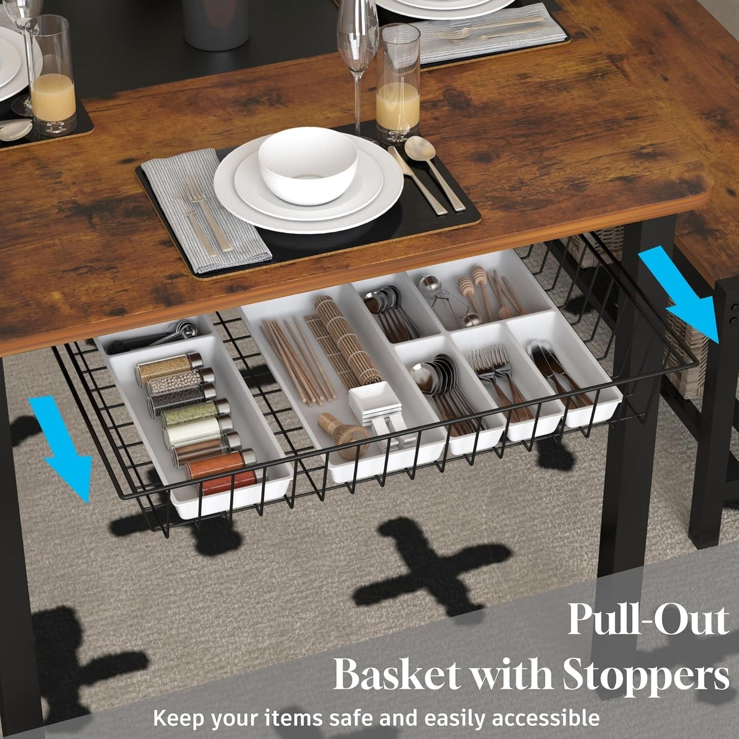 Rustic Brown Industrial Dining Table Set Storage Drawers
