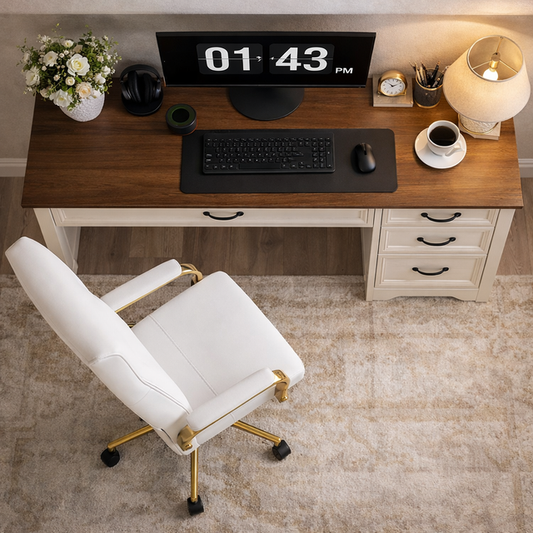 47 Inch Brown White Computer Desk and Office Chair Set with Storage Drawers-1