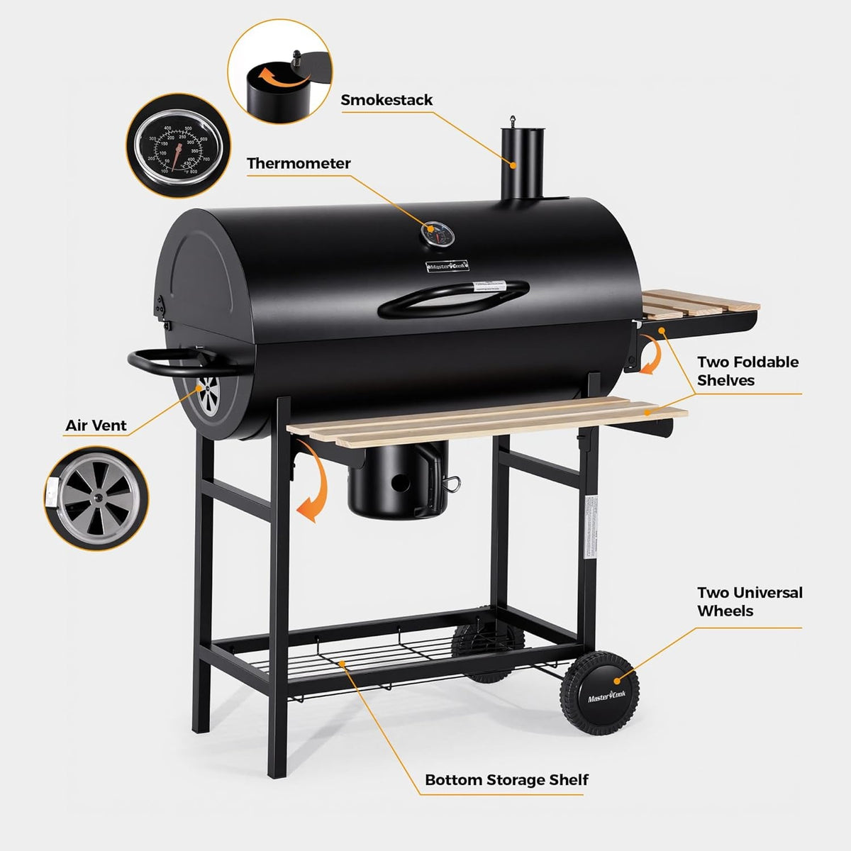 Barrel Charcoal Grill Thermometer With Adjustable Vents
